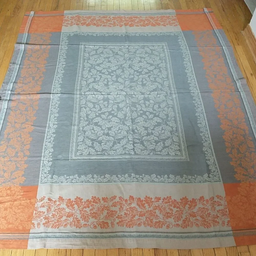 Williams Sonoma Tablecloth Gray Orange Floral Jacquard Linen Blend Rectang 70x90